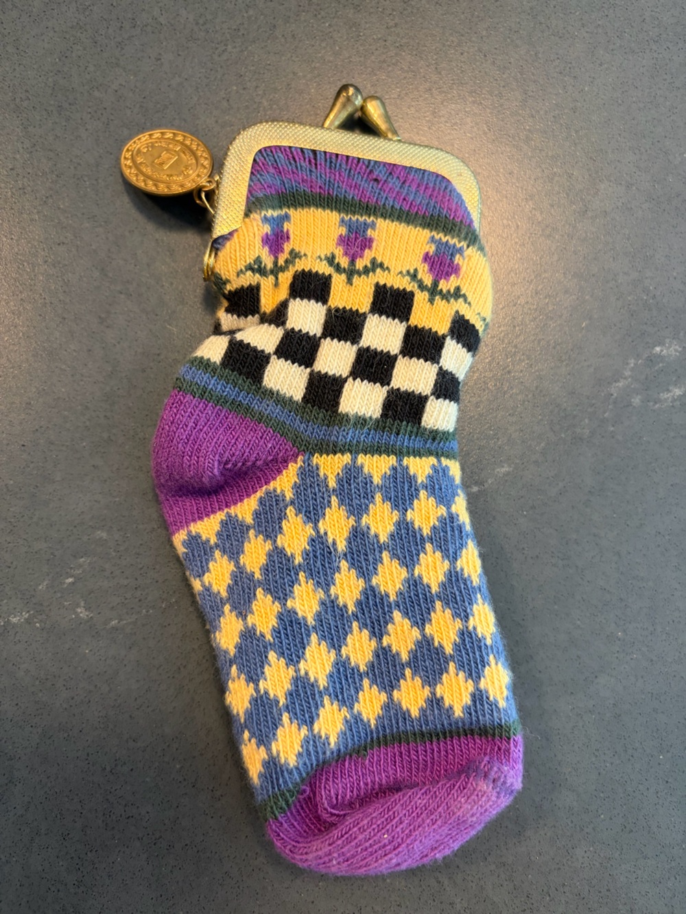 MacKenzie-Childs Purple, Yellow and Blue  Sock Coin Purse with Tag